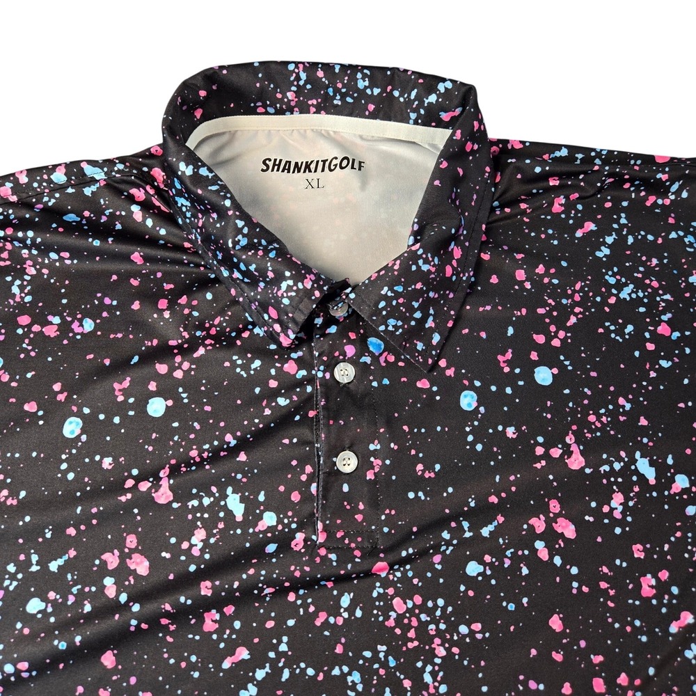 Shankitgolf Men's XL Polo Shirt Black Pink Blue Splatter Paint Performance Golf